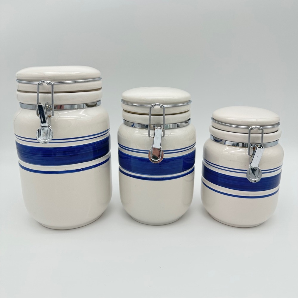 Gibson Canister Set 3-Piece Vintage Ceramic Blue White Farmhouse Nesting Jars
